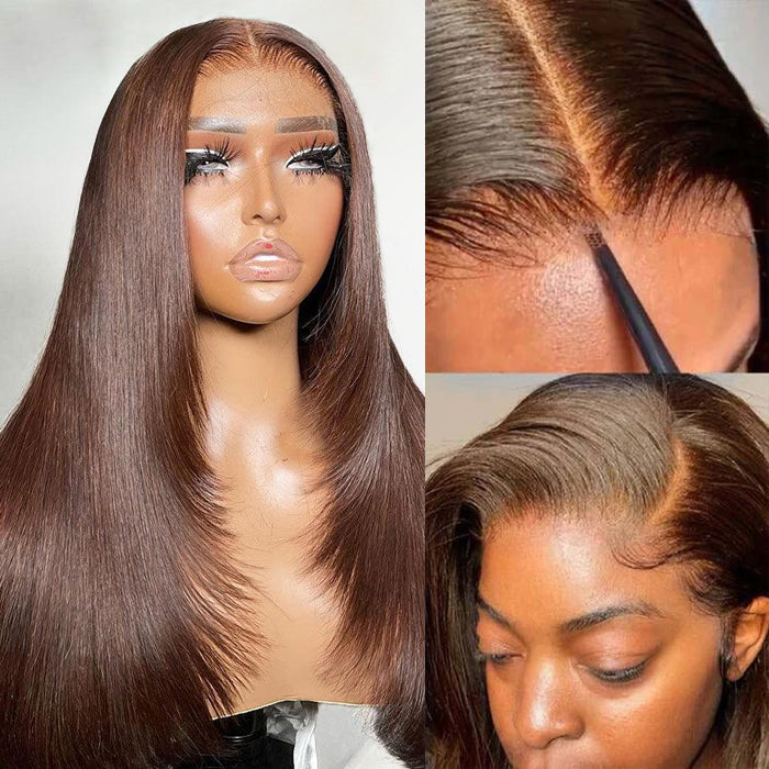 #4 Chocolate Brown Layered Cut Straight 13x4 HD Lace Front Wig Glueless Human Hair Wigs Alexwigs
