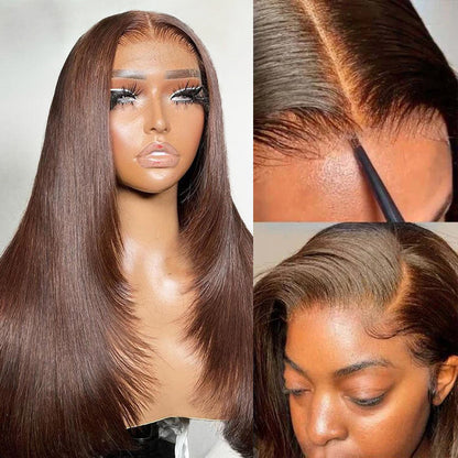 #4 Chocolate Brown Layered Cut Straight 13x4 HD Lace Front Wig Glueless Human Hair Wigs Alexwigs