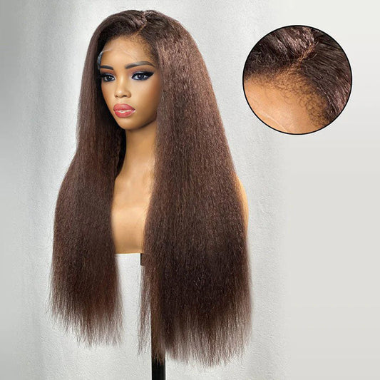 #4 Chocolate Brown 4C Edges Hairline Kinky Straight Wig Glueless Human Hair Wigs Super Realistic Natural Alexwigs