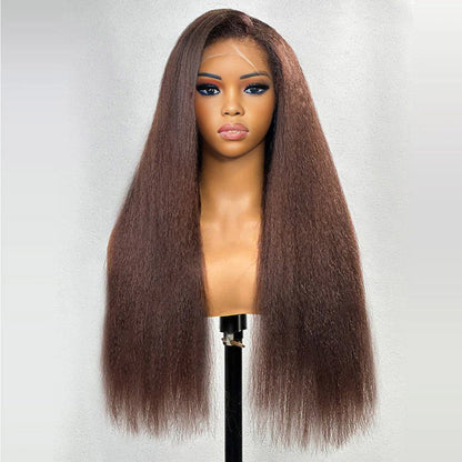 #4 Chocolate Brown 4C Edges Hairline Kinky Straight Wig Glueless Human Hair Wigs Super Realistic Natural Alexwigs