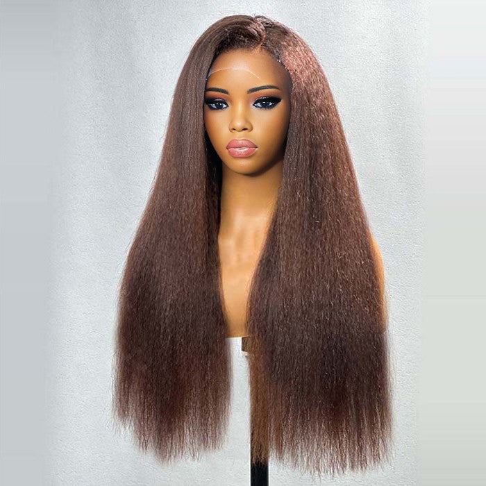 #4 Chocolate Brown 4C Edges Hairline Kinky Straight Wig Glueless Human Hair Wigs Super Realistic Natural Alexwigs