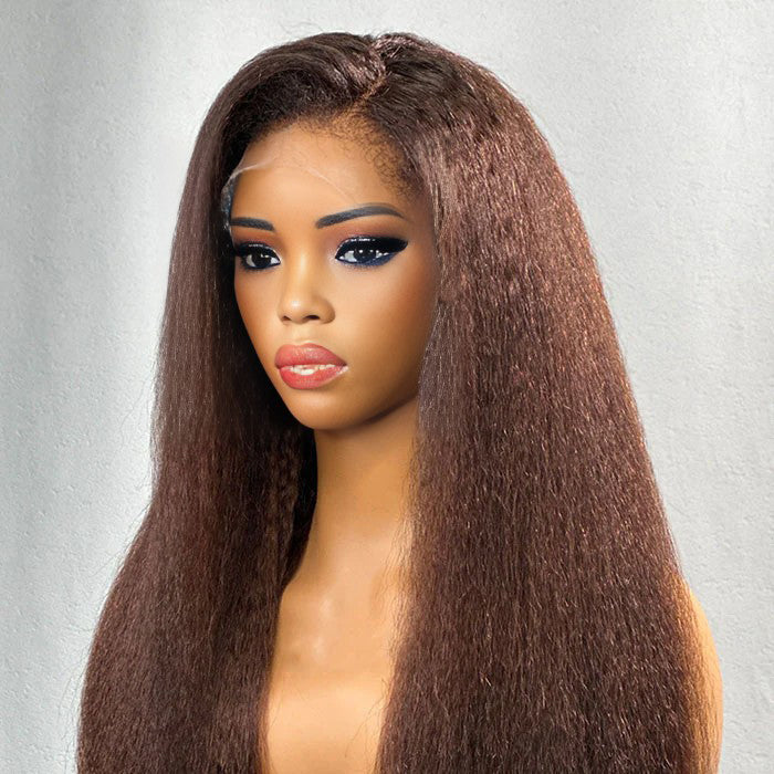 #4 Chocolate Brown 4C Edges Hairline Kinky Straight Wig Glueless Human Hair Wigs Super Realistic Natural Alexwigs