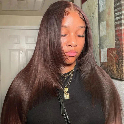 #4 Chocolate Brown Layered Cut Straight 13x4 HD Lace Front Wig Glueless Human Hair Wigs Alexwigs
