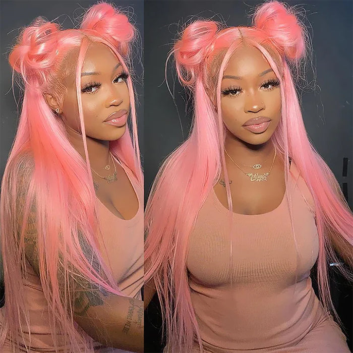 13x4 HD Lace Frontal  Human Hair Wigs Straight Pink Color Wig For Women Pre Plucked Bleached Knots Alexwigs