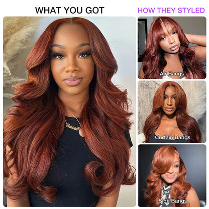 #33 Reddish Brown Curtain Bangs Wigs 13x4 HD Lace Front Human Hair Wig Alexwigs