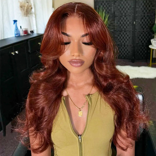 #33 Reddish Brown Curtain Bangs Wigs 13x4 HD Lace Front Human Hair Wig Alexwigs