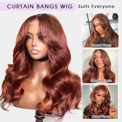 #33 Reddish Brown Curtain Bangs Wigs 13x4 HD Lace Front Human Hair Wig Alexwigs