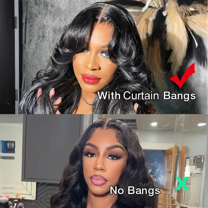 13x6 Full Lace Frontal Pre-Styled Loose Body Wave Wigs With Curtain Bangs Human Hair Pre Bleached Brailian Wigs For Women Alexwigs