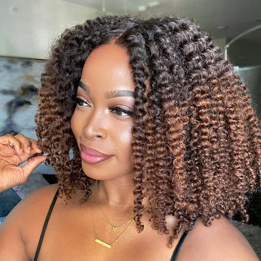 14'' = $99 1B/30 Ombre Colored Kinky Curly Bob Human Hair HD Lace Front Wigs 180% Density Pre Plucked Glueless HD Lace Wigs Alexwigs