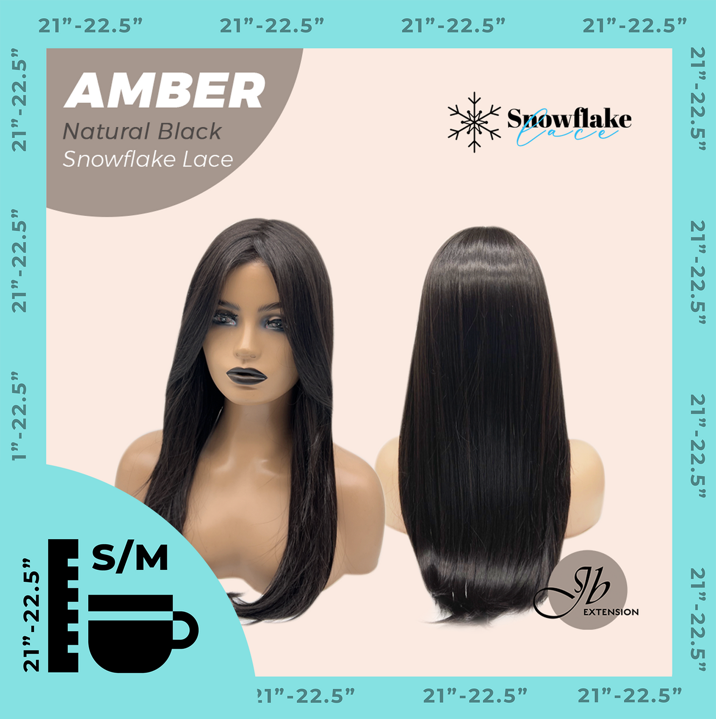 JBEXTENSION 21 Inches Straight Natural Black Pre-Cut T Part Snowflake Lace Frontlace Glueless Wig AMBER NATURAL BLACK【BENDY EAR TABS】 Alexwigs
