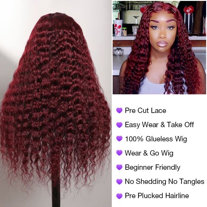 #99J Burgundy Wig Deep Wave Glueless Ready & Go Pre Cut Lace Closure Wig with Natural Hairline Alexwigs