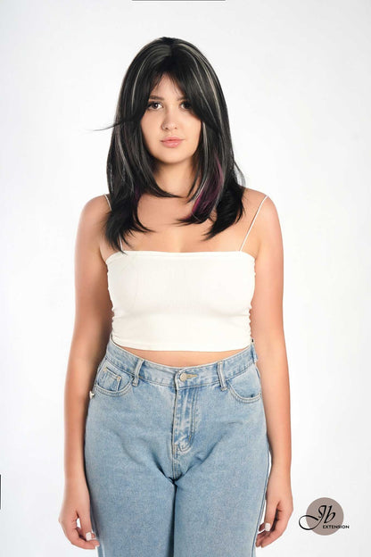 JBEXTENSION 20 Inches Wolf Cut Black With Pink Silver Highlight Wig JOEY Alexwigs