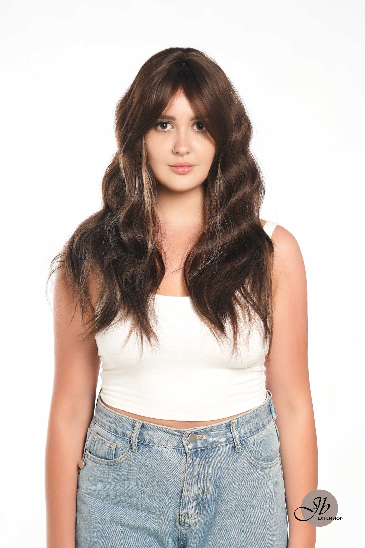 JBEXTENSION 24 Inches Brown With Highlight Body Wave With Bangs Wig KIMMY BROWN Alexwigs