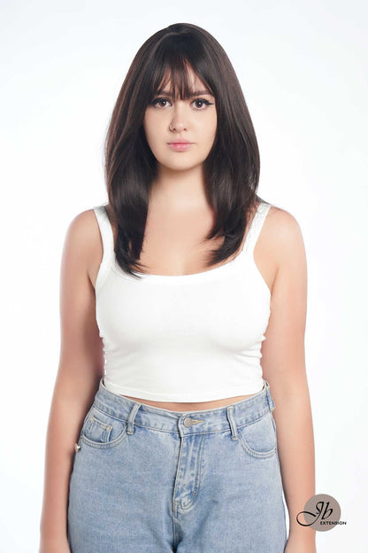 JBEXTENSION 20 Inches Scalpiana Tea Black Darkest Brown Wolf Cut 3.5X4 Hard Silky Top Natural Scalp Effect Wig With Bangs LILA TEA BLACK Alexwigs