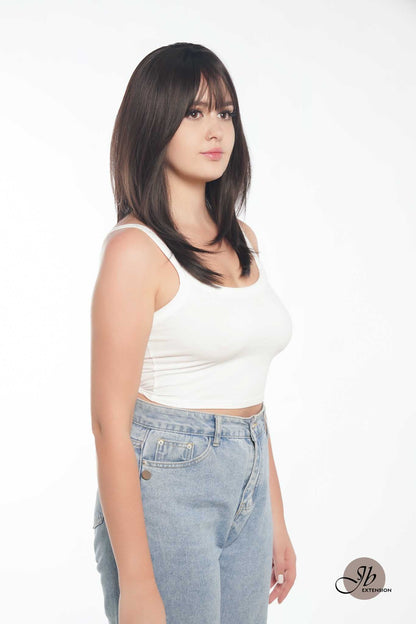 JBEXTENSION 20 Inches Scalpiana Tea Black Darkest Brown Wolf Cut 3.5X4 Hard Silky Top Natural Scalp Effect Wig With Bangs LILA TEA BLACK Alexwigs