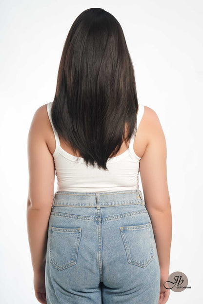 JBEXTENSION 20 Inches Scalpiana Tea Black Darkest Brown Wolf Cut 3.5X4 Hard Silky Top Natural Scalp Effect Wig With Bangs LILA TEA BLACK Alexwigs