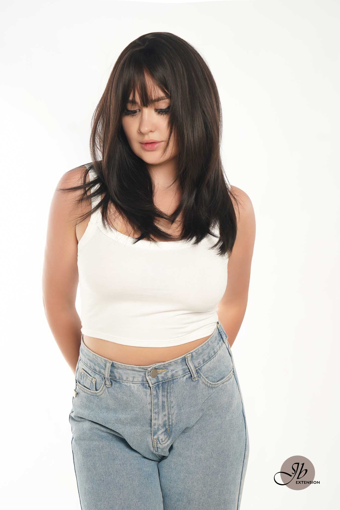 JBEXTENSION 20 Inches Scalpiana Tea Black Darkest Brown Wolf Cut 3.5X4 Hard Silky Top Natural Scalp Effect Wig With Bangs LILA TEA BLACK Alexwigs