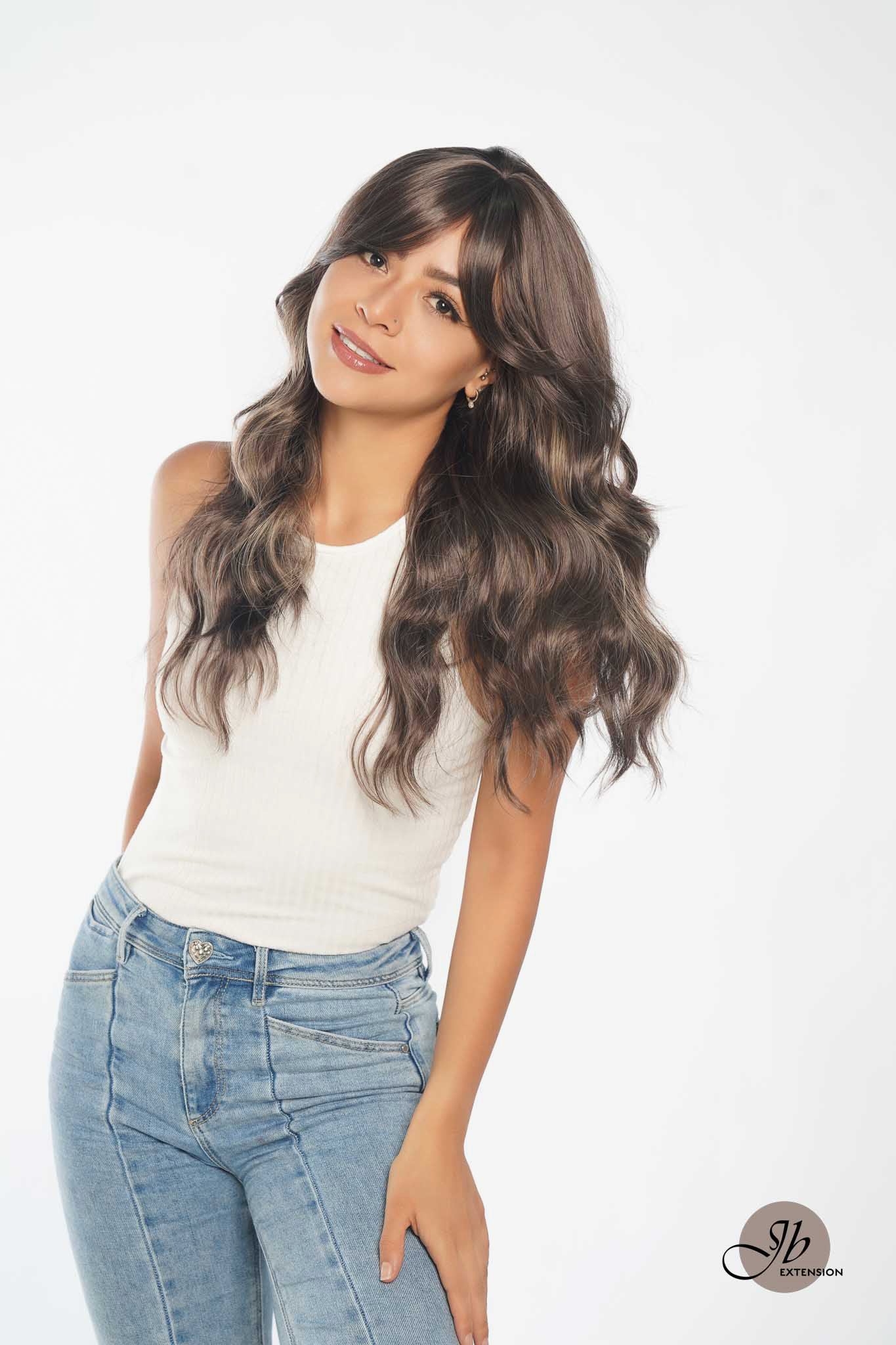 JBEXTENSION 22 Inches Brown With Highlight Women Wig With Bangs CLAIRE Alexwigs