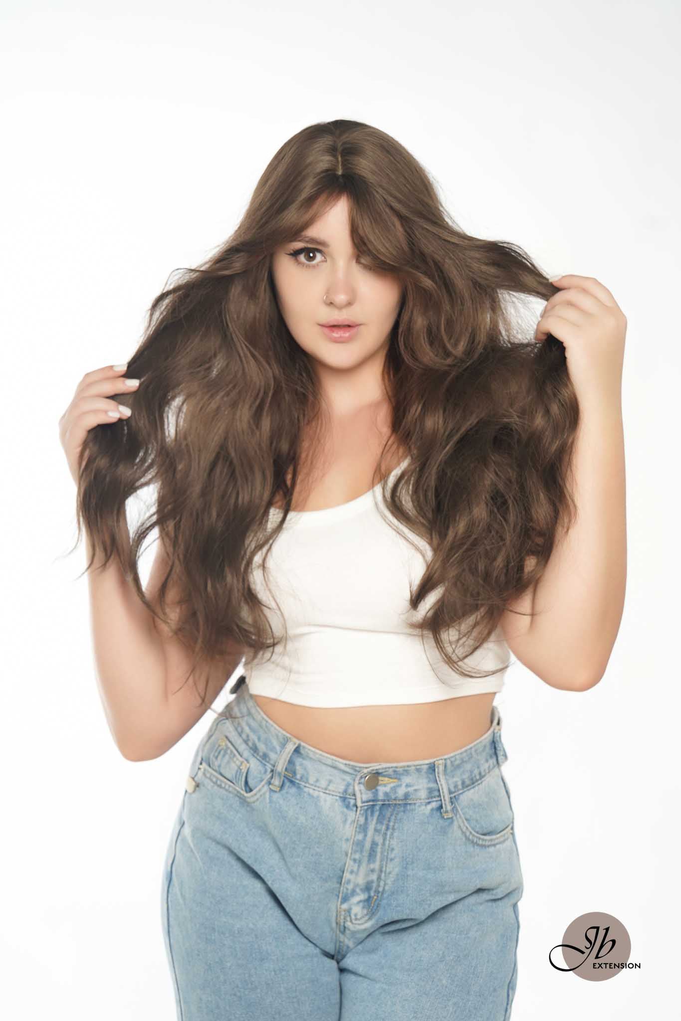 JBEXTENSION 24 Inches Cold Brown Body Wave Wig With Cute Bangs NINI Alexwigs