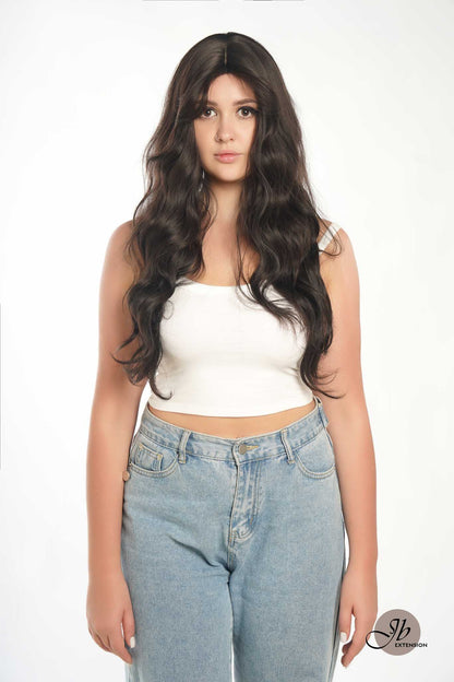 JBEXTENSION 24 Inches Tea Black Darkest Brown Body Wave Wig With Cute Bangs NINI TEA BLACK Alexwigs