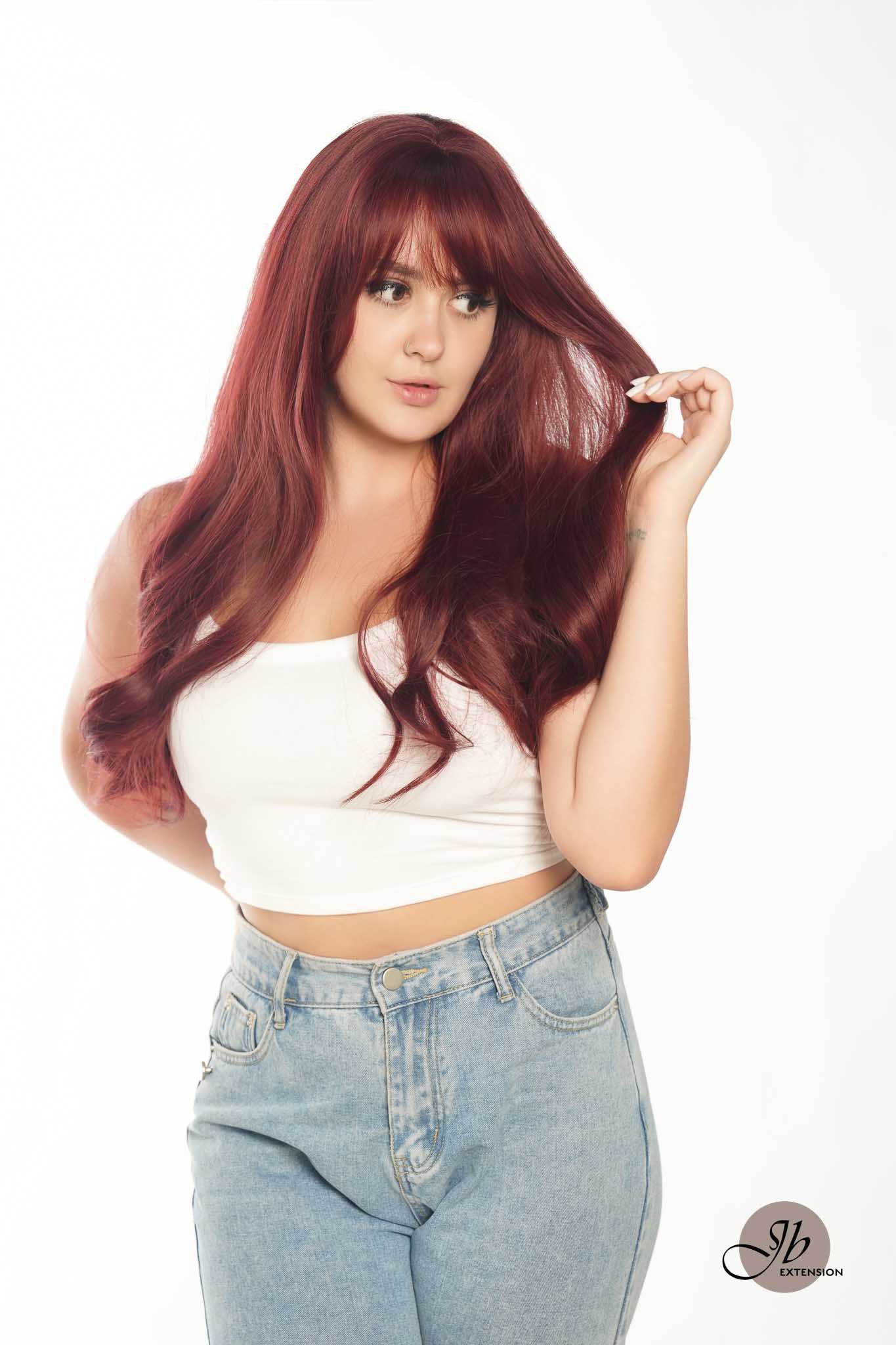 JBEXTENSION 25 Inches Red Curly Fashion Wig With Full Bangs ALYSSA Alexwigs
