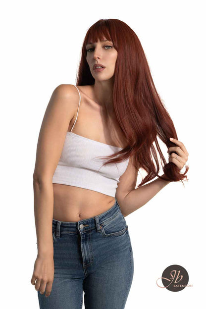 JBEXTENSION 25 Inches Red Curly Fashion Wig With Full Bangs ALLY Alexwigs