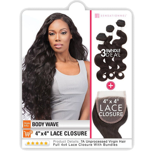 Sensationnel Bare & Natural 100% Unprocessed Virgin Human Hair 4x4 Swiss Lace Closure Bundle Deal Weave - BODY WAVE 10-22" Alexwigs