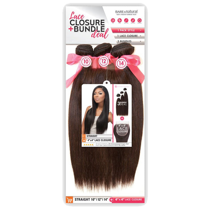 Sensationnel Bare & Natural 100% Unprocessed Virgin Human Hair Weave + 4x4 Swiss Lace Closure Bundle Deal STRAIGHT 10-22" Alexwigs