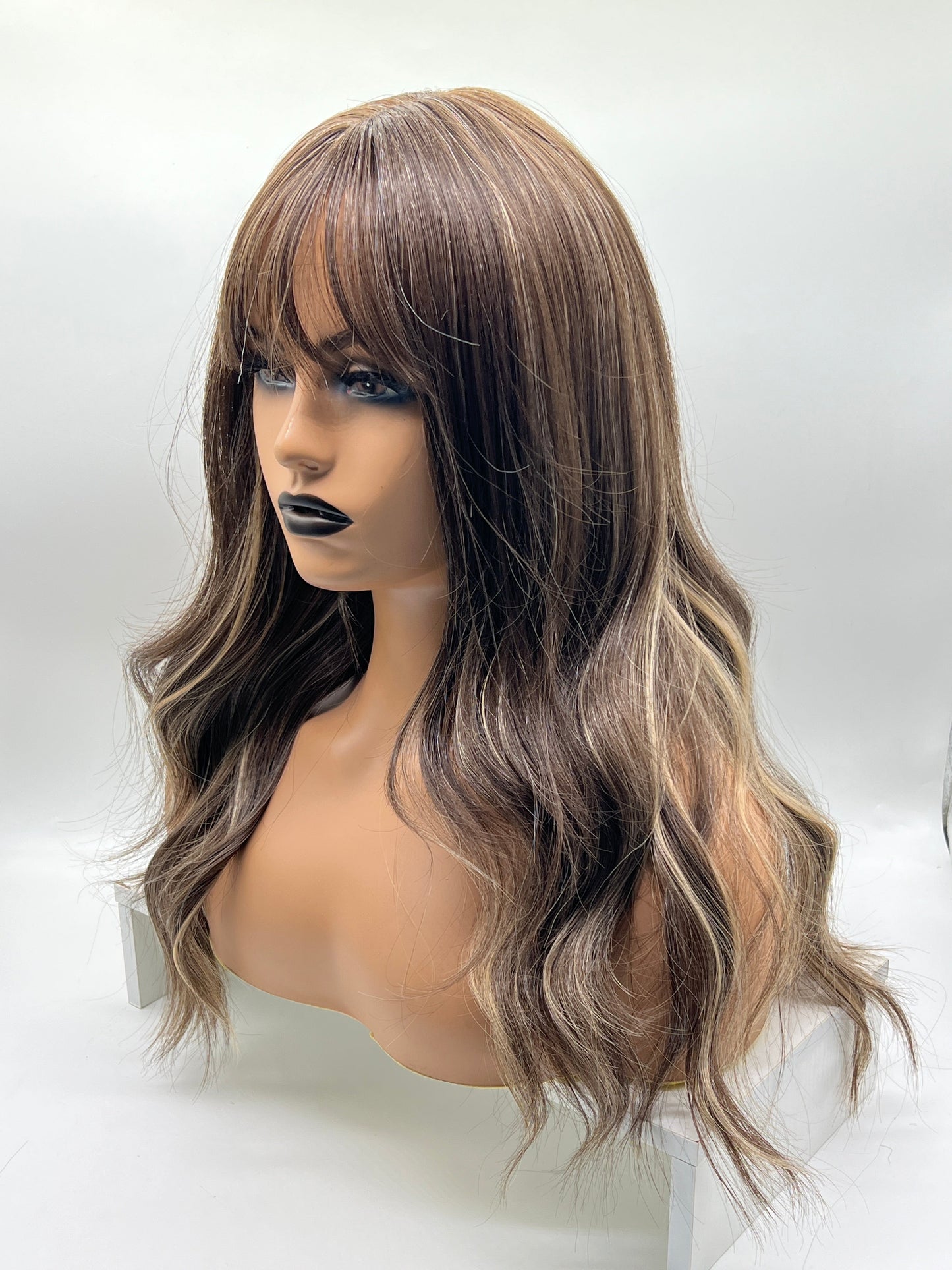 JBEXTENSION 22 Inches Brown With Highlight Women Wig With Bangs CLAIRE Alexwigs