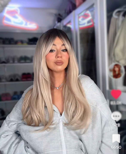 JBEXTENSION 22 Inches Nature Straight Ombre Blonde With Dark Root Wig With Bangs SARAH Alexwigs
