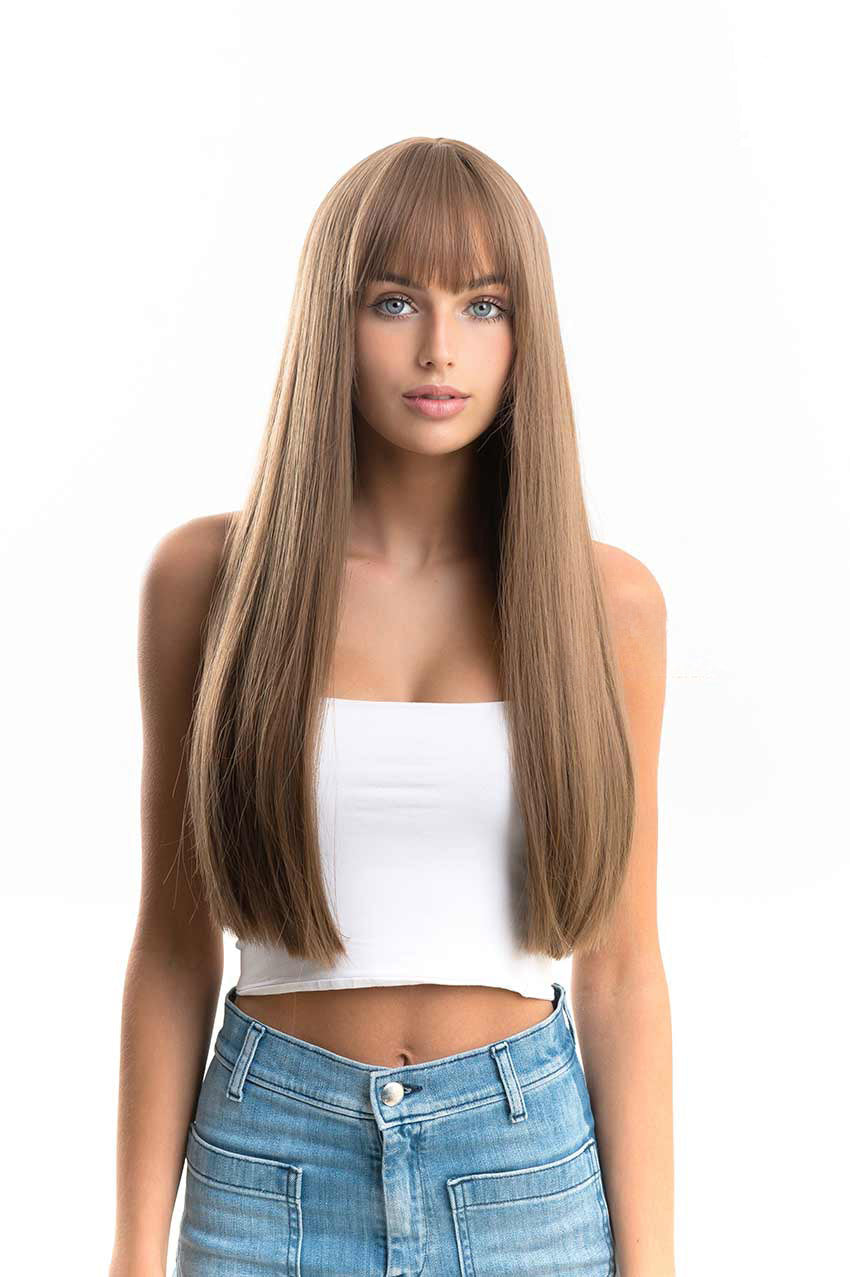 JBEXTENSION 24 Inches Nature Straight Ombre Light Brown Wig With Bangs LUCY Alexwigs