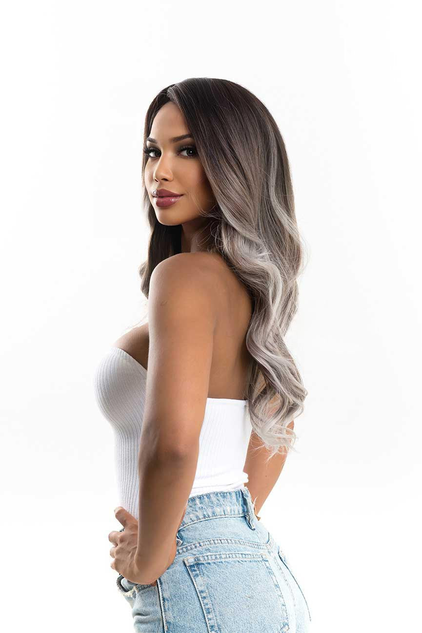 JBEXTENSION 25 Inches Long Curly Dark Brown With Grey Meches Hair Wig LOLA Alexwigs