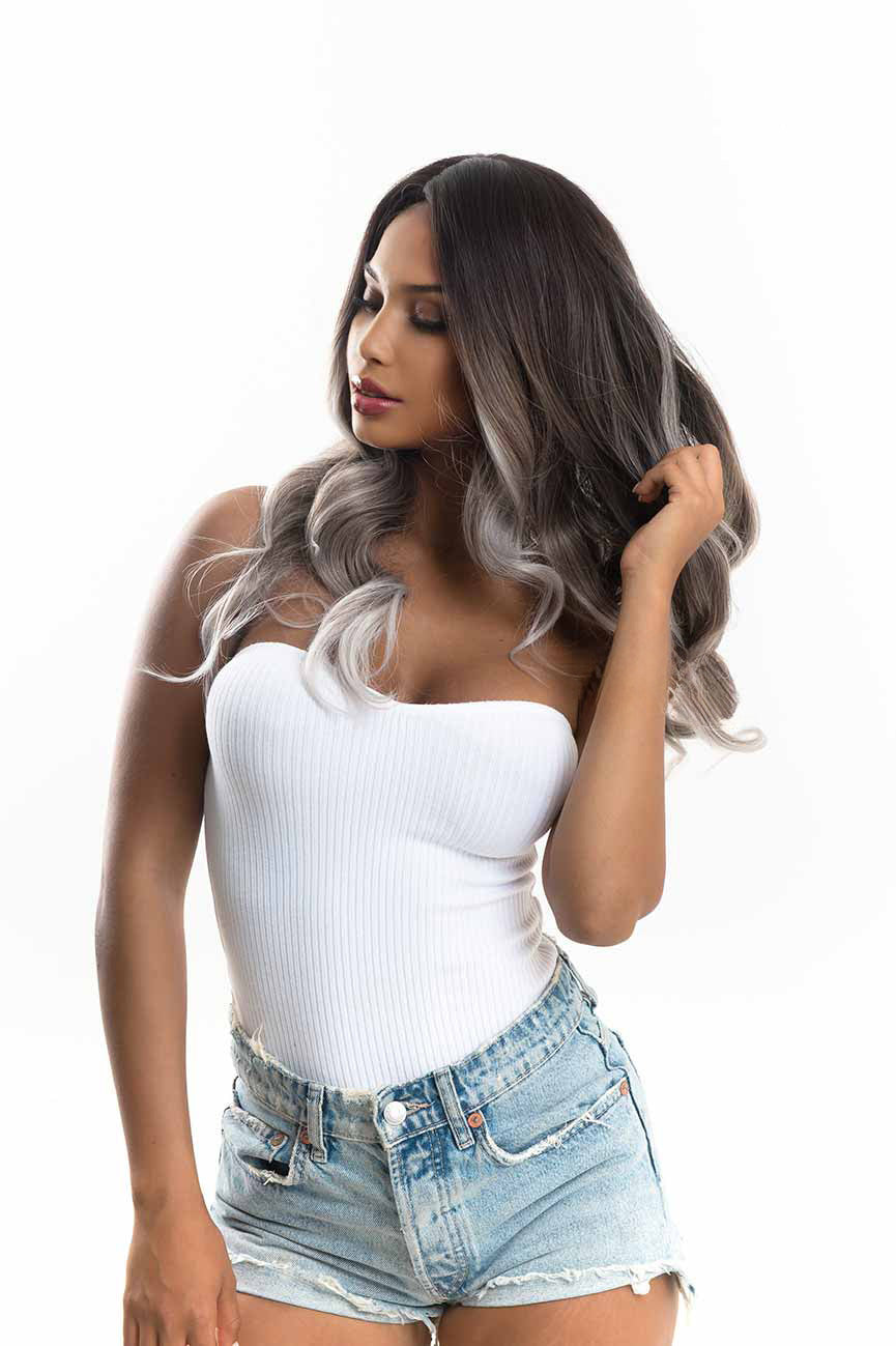 JBEXTENSION 25 Inches Long Curly Dark Brown With Grey Meches Hair Wig LOLA Alexwigs