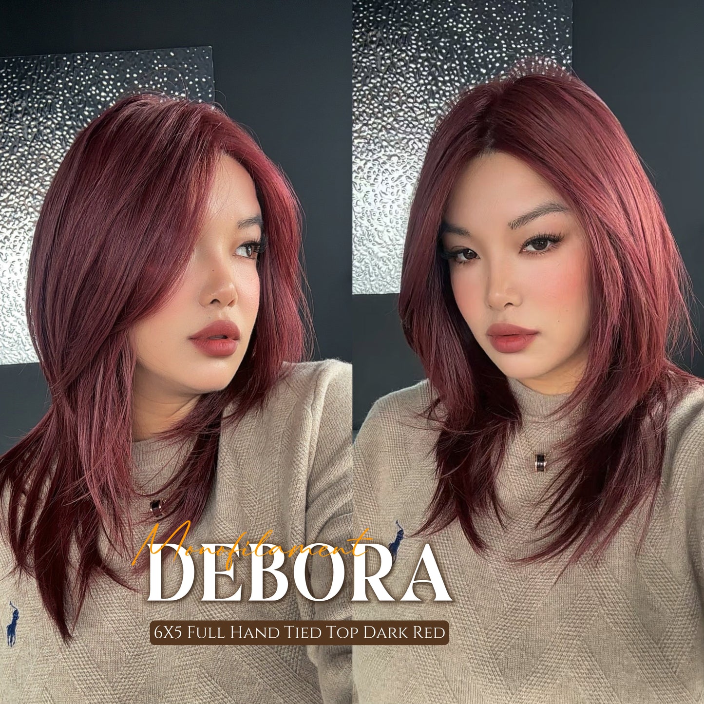 [PRE-ORDER] HOT OF SEASON - DEBORA MONO Monofilament Handmade Wig 6X5 Full Monofilament Hand Tied Top Wig 20 Inches Dark Red Mono Lace Wig With Anti-slip Silicone Strips Glueless Wig DEBORA MONO【BENDY EAR TABS】 Alexwigs