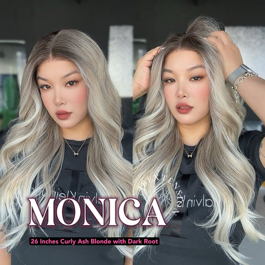JBEXTENSION 26 Inches Curly Ash Blonde with Dark Root Pre-Cut Frontlace Glueless Wig MONICA Alexwigs