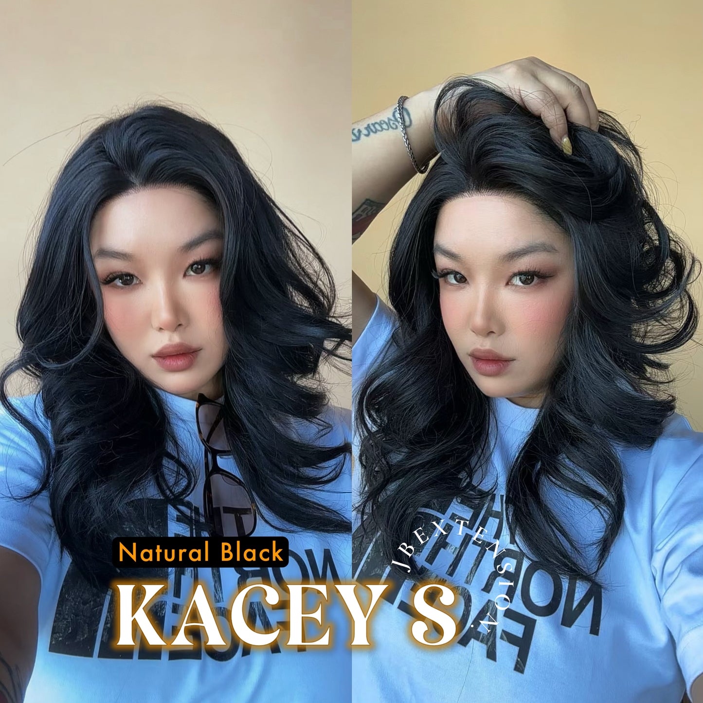 JBEXTENSION 20 Inches Natural Black Pre-Cut Snowflake Lace Frontlace Glueless Wig KACEY S NATURAL BLACK【PERMATEASE】【BENDY EAR TABS】- S/M Alexwigs