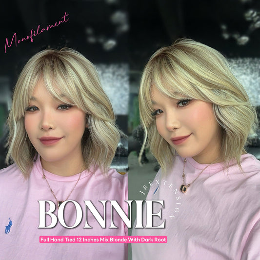 [PRE-ORDER] HOT OF SEASON - BONNIE MONO MIX BLONDE Full Monofilament Handmade Full Lace Full Hand Tied Wig 12 Inches Mix Blonde With Dark Root Mono Lace Handmade Futura Fiber Glueless Wig BONNIE MONO MIX BLONDE【BENDY EAR TABS】 Alexwigs