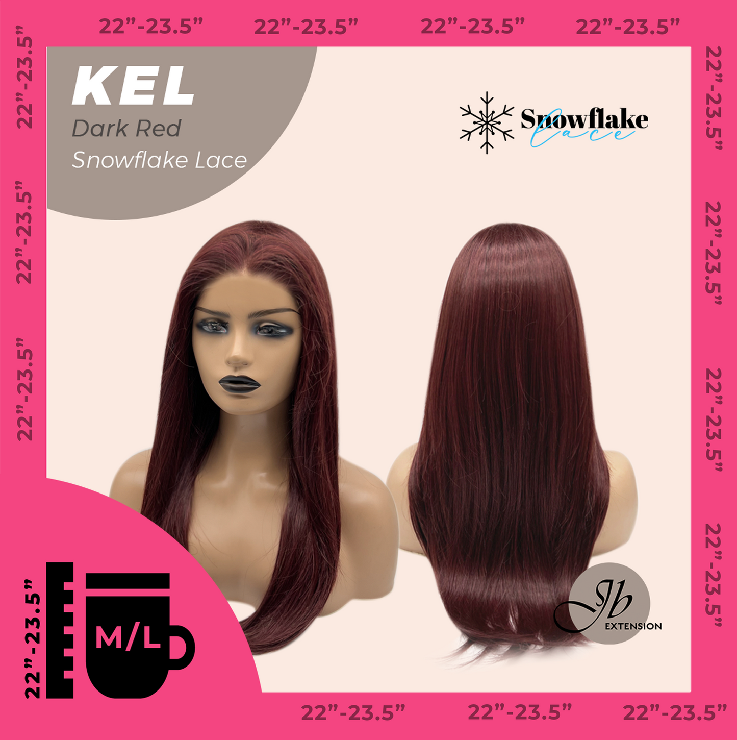 JBEXTENSION 22 Inches Dark Red Pre-Cut Snowflake Lace Frontlace Glueless Wig KEL DARK RED【PERMATEASE】【BENDY EAR TABS】- M/L Alexwigs