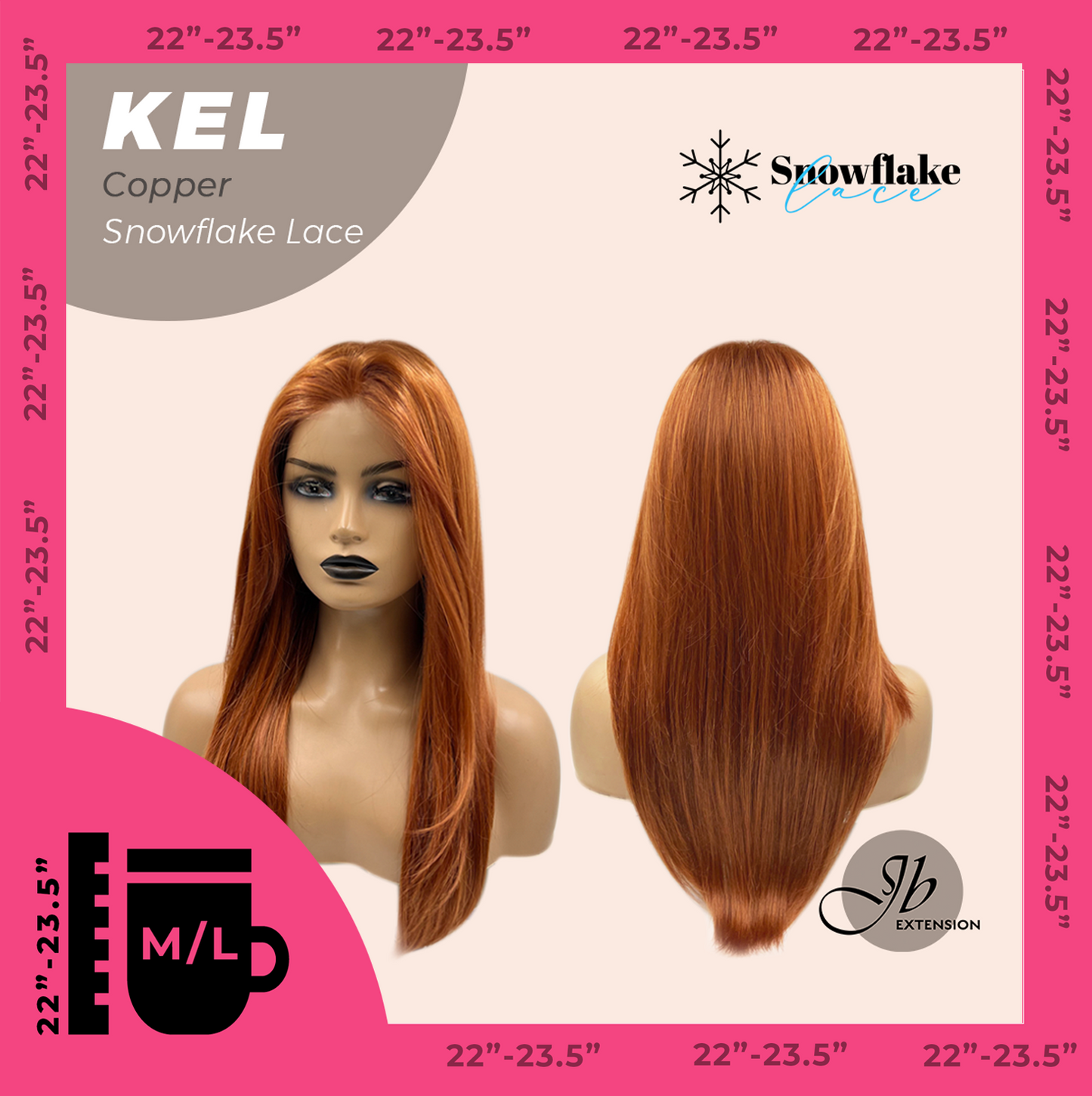 JBEXTENSION 22 Inches Copper Pre-Cut Snowflake Lace Frontlace Glueless Wig KEL COPPER【PERMATEASE】【BENDY EAR TABS】- M/L Alexwigs