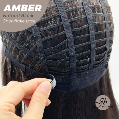 JBEXTENSION 21 Inches Straight Natural Black Pre-Cut T Part Snowflake Lace Frontlace Glueless Wig AMBER NATURAL BLACK【BENDY EAR TABS】 Alexwigs