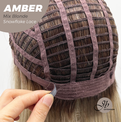 JBEXTENSION 21 Inches Straight Mix Blonde Pre-Cut T Part Snowflake Lace Frontlace Glueless Wig AMBER MIX BLONDE【BENDY EAR TABS】 Alexwigs