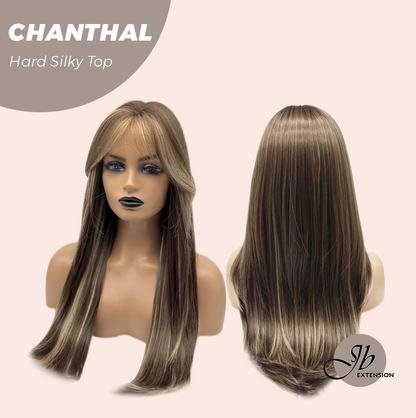 JBEXTENSION 25 Inches Scalpiana Brown with Blonde Highlight 3.5X4 Hard Silky Top Natural Scalp Effect Wig With Bangs CHANTHAL Alexwigs