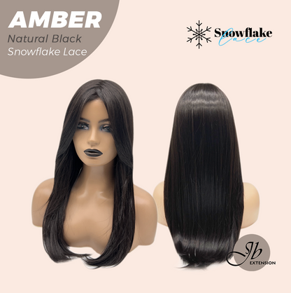 JBEXTENSION 21 Inches Straight Natural Black Pre-Cut T Part Snowflake Lace Frontlace Glueless Wig AMBER NATURAL BLACK【BENDY EAR TABS】 Alexwigs