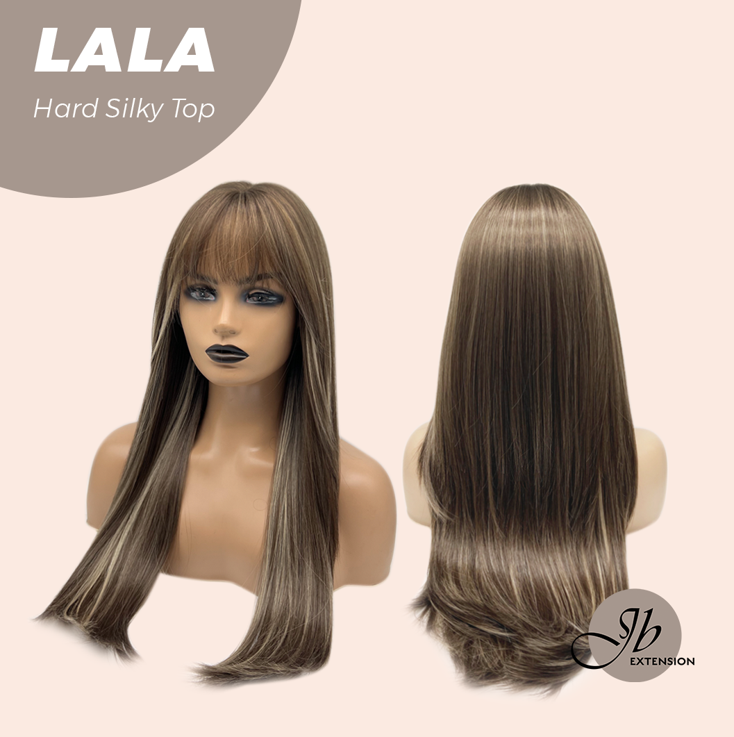 JBEXTENSION 25 Inches Scalpiana Brown with Blonde Highlight 3.5X4 Hard Silky Top Natural Scalp Effect Wig With Bangs LALA Alexwigs