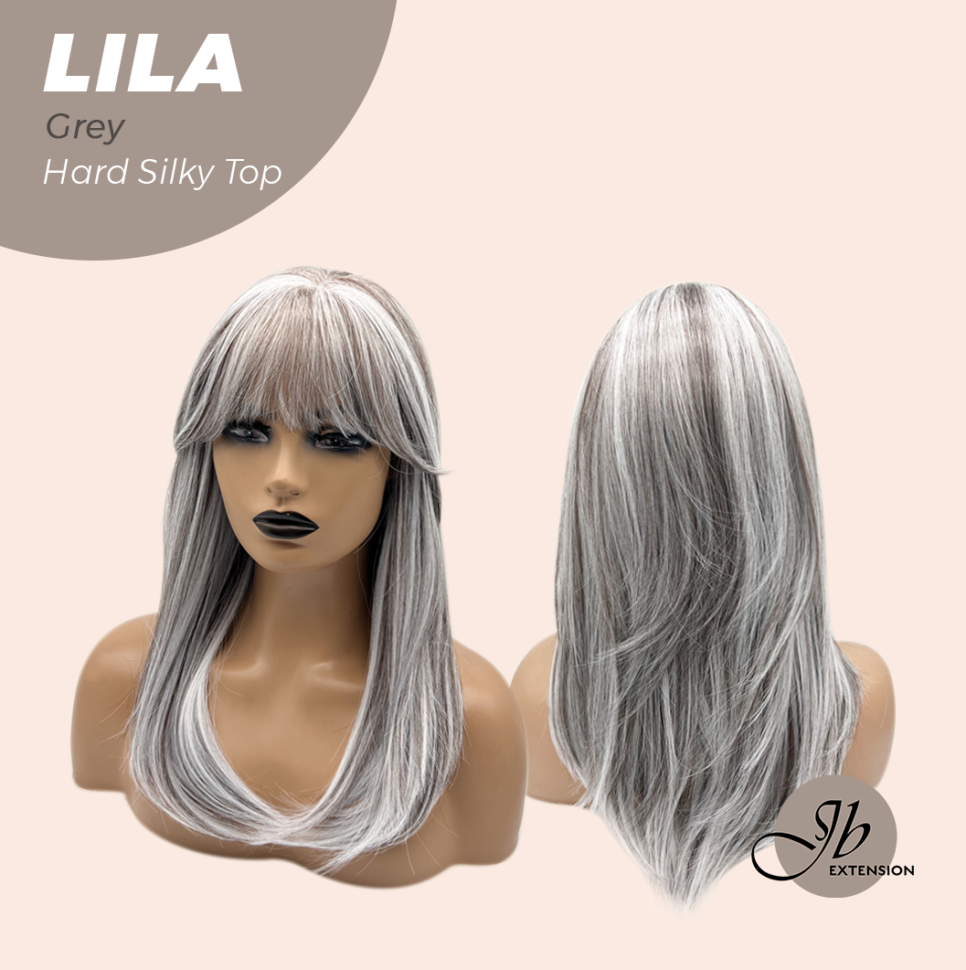 JBEXTENSION 20 Inches Scalpiana Grey Wolf Cut 3.5X4 Hard Silky Top Natural Scalp Effect Wig With Bangs LILA GREY Alexwigs
