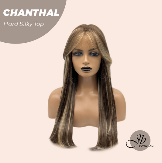 JBEXTENSION 25 Inches Scalpiana Brown with Blonde Highlight 3.5X4 Hard Silky Top Natural Scalp Effect Wig With Bangs CHANTHAL Alexwigs