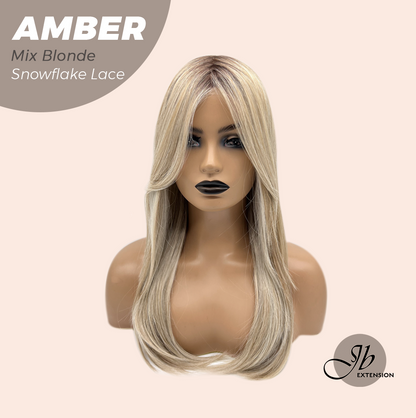JBEXTENSION 21 Inches Straight Mix Blonde Pre-Cut T Part Snowflake Lace Frontlace Glueless Wig AMBER MIX BLONDE【BENDY EAR TABS】 Alexwigs