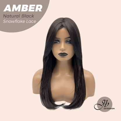 JBEXTENSION 21 Inches Straight Natural Black Pre-Cut T Part Snowflake Lace Frontlace Glueless Wig AMBER NATURAL BLACK【BENDY EAR TABS】 Alexwigs