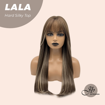 JBEXTENSION 25 Inches Scalpiana Brown with Blonde Highlight 3.5X4 Hard Silky Top Natural Scalp Effect Wig With Bangs LALA Alexwigs