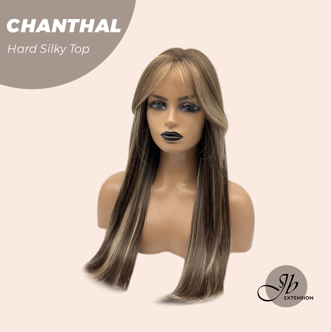 JBEXTENSION 25 Inches Scalpiana Brown with Blonde Highlight 3.5X4 Hard Silky Top Natural Scalp Effect Wig With Bangs CHANTHAL Alexwigs